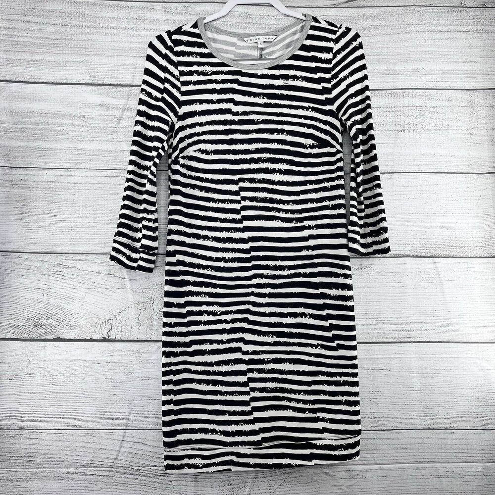 TRINA TURK Causal BlackWhite Stripe 3/4 Sleeve Shift/Bodycon Dress Sz S Stretch‎